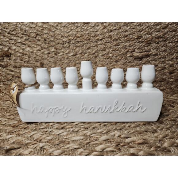 Mud Pie Happy Hanukkah White Ceramic Menorah Jewish Candle Holder Christmas - Picture 1 of 10